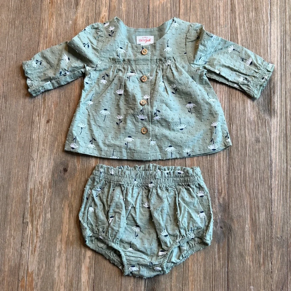 Cat & Jack Green Daisy Set, Dress/Top and Diaper Cover 0-3M, NWT